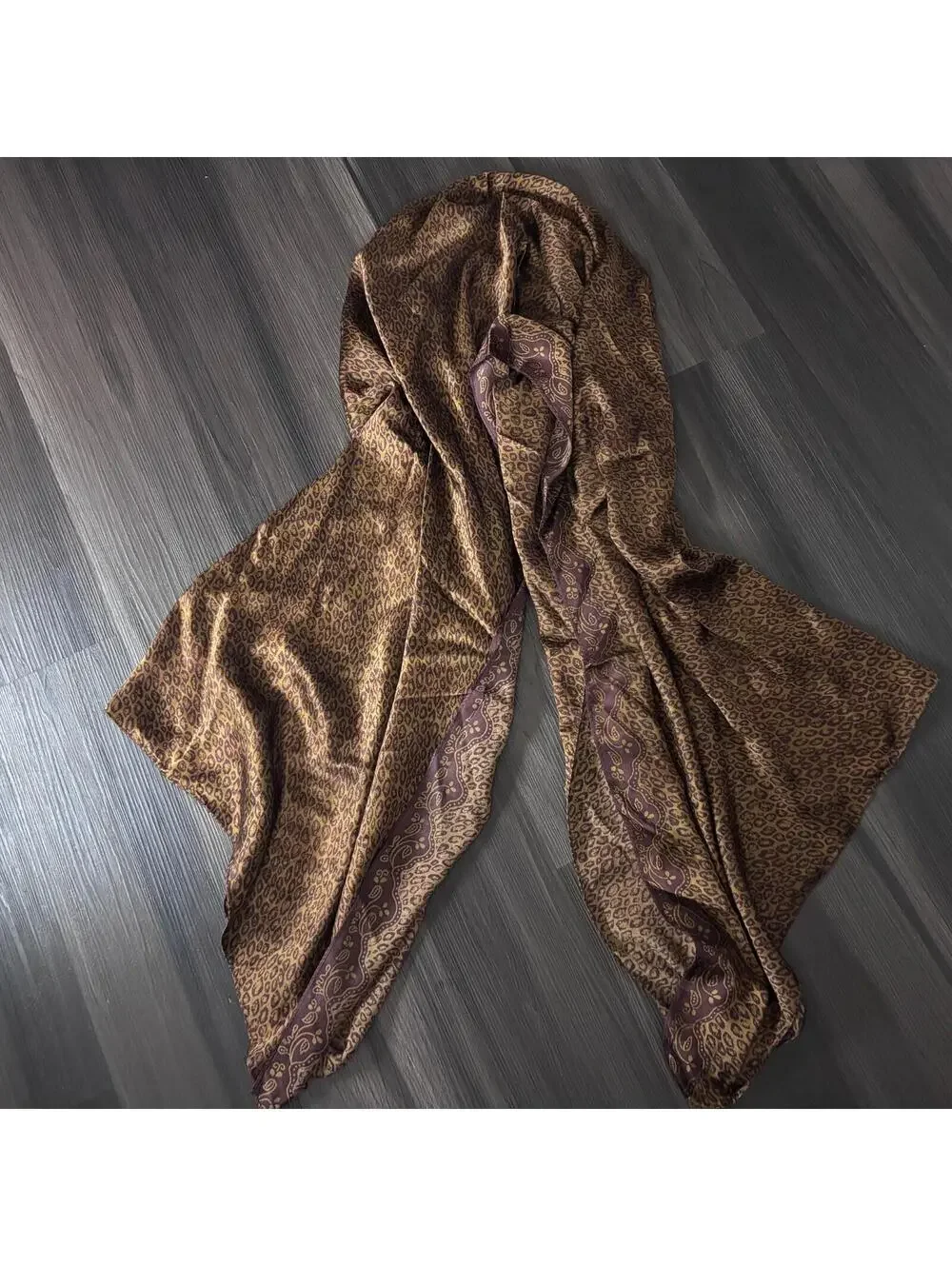 Vintage Victoria's Secret Silk Scarf Sarong Animal Print Beaded Corners Brown